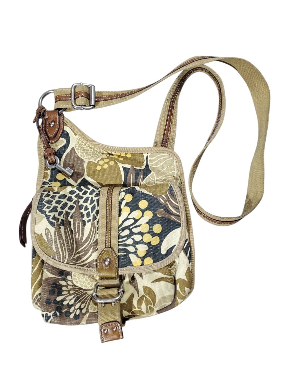 Fossil Floral Canvas Crossbody Bag in Tan and Brown with Key Charm